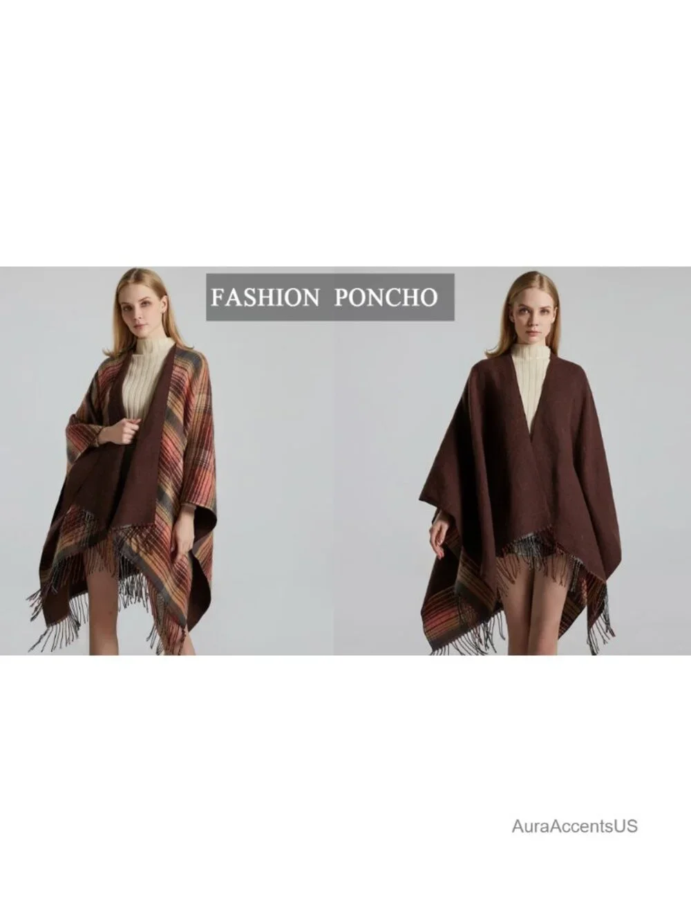 Womens Poncho Shawl Wrap Open Front Cape Soft Acrylic Wool Reversible